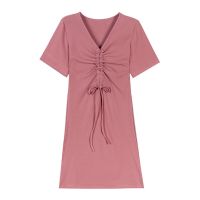 Womens V-Neck Short Sleeve Casual A-Line Mid-Calf Dress