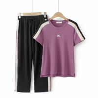 【มีไซส์ใหญ่】Plus Size Womens 2 Pieces Summer Sets Short Sleeve Top + Elastic Waist 8/10 Pants Fashion Sportswear Female Suits