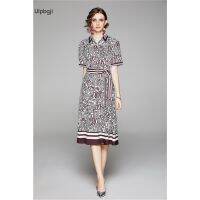 European and American Fashion All-Match Waist Slimming Positioning Printed Short-Sleeved Dress (with Belt)