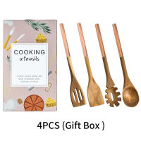 4PCS Spatula Copper Serving Cooking Utensils Sets Wooden Serving Spoons With Rose Gold Handles Spoons Scoop Kitchen Accessories