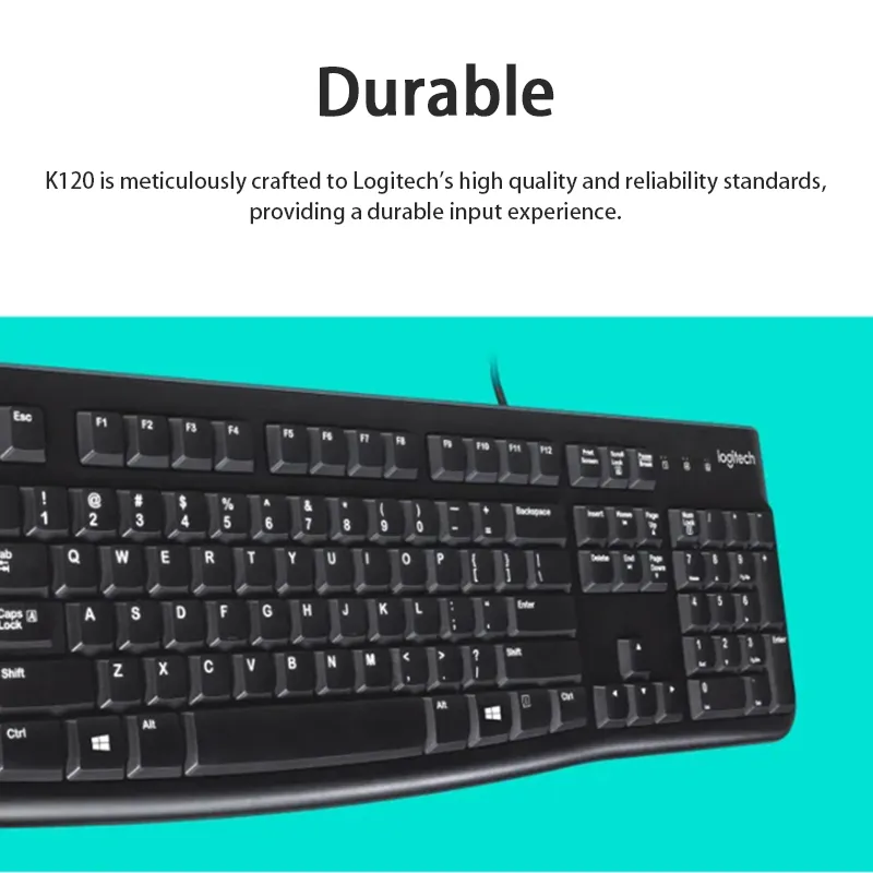 Logitech K120 Wired Keyboard for Windows, Plug and Play, Full-Size,  Spill-Resistant, Curved Space Bar, Compatible with PC, Laptop - Black