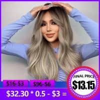 HAIRCUBE Long Wavy Black Brown Gray Ombre Synthetic Wig with Bangs Cosplay Daily Natural Wig for Women Heat Resistant Hair Wig  Hair Extensions Pads