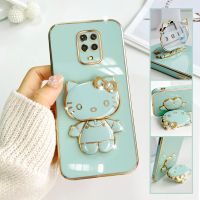 For Xiaomi Redmi Note 9S Mobile Phone Case Fashion Temperament Plating TPU Advanced Rotary Stand Makeup Mirror Hello Kitty Folding Mirror Stand Net Red New Couple Gift Soft Touch Anti slip Anti fall Protective Case