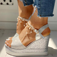 【CW】2020 New Women Wedge Sandals Summer Bead Studded Detail Platform Sandals Buckle Strap Peep Toe Thick Bottom Casual Shoes Ladies