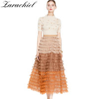 Autumn Fashion Runway Two Piece Set Women Pearls Golden Buttons Knitted Top + Elastic Waist Tulle Tiered Puffy Mesh Long Skirts