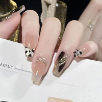 【With Glue】24 Pcs/Set Full Nails Tips With Glue 3D Carved Flowers Shining Rhinestone Wedding Bride Fake Nail Art Decoration Tool