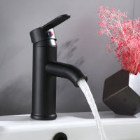 Saeuwtowy Black Short or Tall Basin Faucet Deck Mounted Single Holder One Hole Hot &amp; Cold Mixer Tap Stainless Steel Material