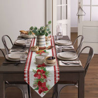 Christmas Christmas Flower Pine Tree Red Lattice Table Runner Desktop Tablecloth Decorations For Home Xmas New Year Ornaments