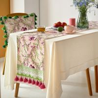 Linen Table Runner Farmhouse Long with Tassels for Dining Kitchen Coffee Cabinet Decora Party Dresser Decor Colorful Flower Art