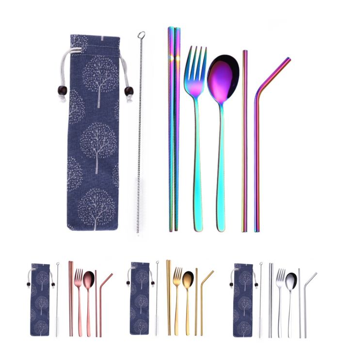 stainless-steel-dinnerware-set-scoop-fork-chopsticks-straw-cutlery-set-portable-travel-tableware-rainbow-cutlery-with-pouch-flatware-sets