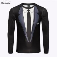 Men Fake Two-piece T-Shirts 3D Bow Tie Print Casual T Shirts Autumn Long Sleeve O-Neck Loose Cotton Tops Male Fake Suit Tshirt