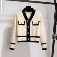 ▤☞ And Color-blocking Knitted Top Cardigan Long-sleeved V-neck Short 2023 New Coat Fashion All-match