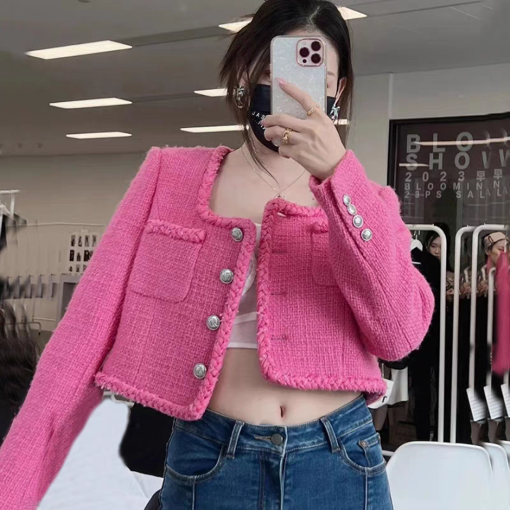 T109 พร้อมส่ง💕 เสื้อคลุมทรงครอปผ้าทวิต สีชมพูบานเย็น | Lazada.co.th