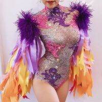 Dropshipping Colourful Feather Sleeve Rhinestone Bodysuit Women Nightclub Bar Party Outfit Performance Dance Costume