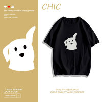 CHIC ผ้าฝ้ายแท้ เสื้อยืดแขนสั้นลายการ์ตูนลูกสุนัขเรียบง่าย สไตล์สบาย ๆ T0586