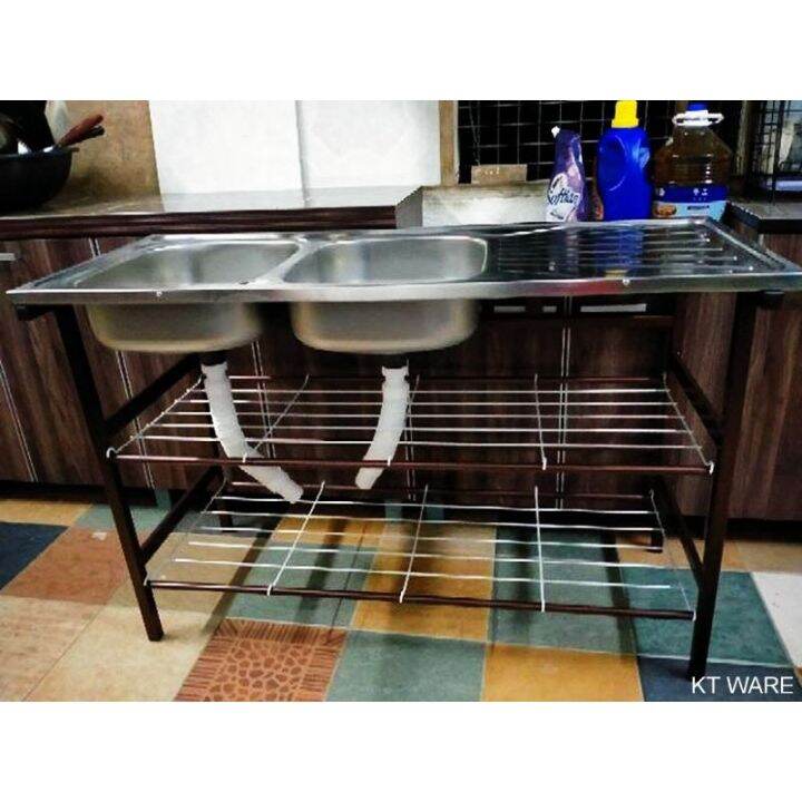 MD SINAR Stainless steel double sink with rack / sinki berkembar wash