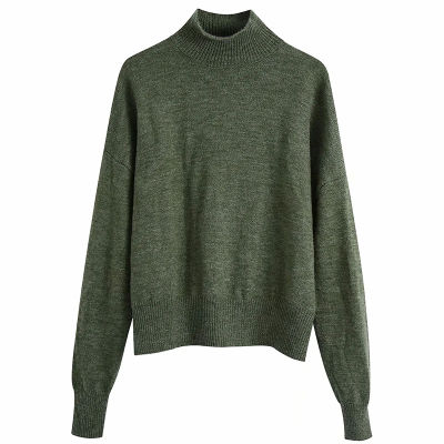 Adherebling Za Woman  Casual Autumn Winter Simply Mock Neck Knitting Sweater Loose Solid Green Jumper Pullovers Female Tops