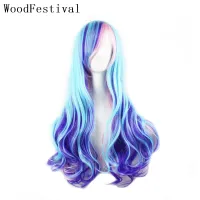 WoodFestival Synthetic Hair Wig With Bangs Colored Cosplay Wigs For Women Long Wavy Rainbow Pink Blue Red Green Brown White Grey Wig  Hair Extensions