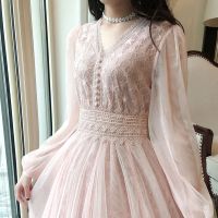 Pink Girl white dress v-neck mesh yarn autumn winter new fashion fairy stitcing maxi korean dress