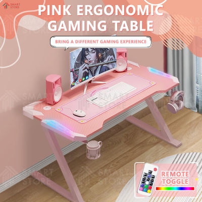 SmartStore โต๊ะเล่นเกม RGB สีชมพู โต๊ะคอมพิวเตอร์ มีรูปทรงขาZ โต๊ะเกม มีไฟ RGB มีไฟ LEDสวย ไม่แสบตา หน้าโต๊ะหุ้มคาร์บอน 3D หน้ากว้าง 120cm