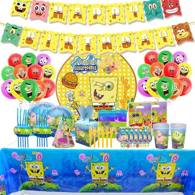 ☃♚ Sponge-bob Birthday Party Decorations Accessories Kids Girl Baby Shower Decorations Cake Topper Latex Balloons Tableware