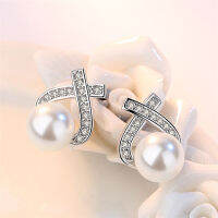 1คู่ผู้หญิง R Elegant Classic Cross ฝัง AAA Zircon Pearl Ear Stud ต่างหูแฟชั่นเครื่องประดับ E0755