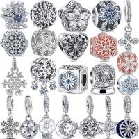 925 Silver Winter Blue Snowflake Shiny Ice Crystal Flower Classic Pendant Beads Fit Original Pandora Charms Bracelet DIY Jewelry