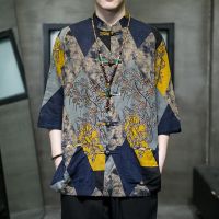 Chinese Traditional Tang Suit Hanfu Shirt Contrasting Mens Printing Mid-sleeve Blouse Cheongsam Collar Casual Jacket Retro Top