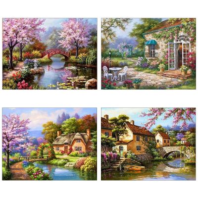 【CC】 Meian Landscape Kits Cartoon Houses Stream Painting Embroidery Set DMC Printed Canvas