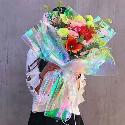 【YF】๑  20PCS Iridescent Film Cellophane Wrapping Paper Bouquet Decoration Gradient