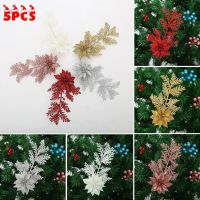 5pcs Christmas Poinsettia Glitter Flower Pine Branches Tree Hanging Decor For Home Decor Halloween New Year Navidad Pendant Christmas Ornaments