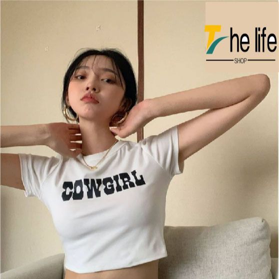 the-life-shopเสื้อครอปคอกลมแขนสั้น-ทรงเข้ารูป-สกรีนลายตรงอก-lt-lt-cow-gril-gt-gt