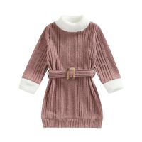 Kids Infant Baby Girls Knit Dress, Elegant Long Sleeve High Neck Patchwork Fall Dress with Belt 3-7T  by Hs2023