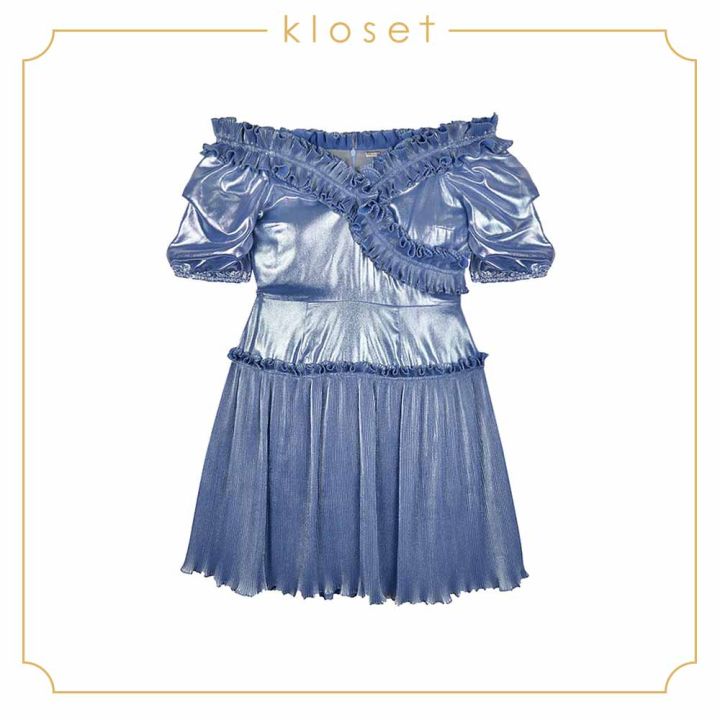 kloset-off-shoulder-dress-with-ruffle-aw19-d003-เสื้อผ้าผู้หญิง-เสื้อผ้าแฟชั่น-เดรสแฟชั่น-เดรสปาดไหล่
