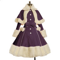 Anbenser Vintage Gothic Lolita Dress Suit Women Fur Collar Long Sleeves Shawl Cute Single-breasted Winter Warm Thick Bow Dresses