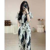 COD DSGERTRYTYIIO Timo Ready Stock x Fashion Jumpsuit Womens Retro Tie-Dyed V-neck Waist-Controlled Slimming High Waist One-Piece Casual Mopping Pants Women