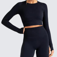 【cw】 Zechuang Europe and America Cross Border Hot Sale New Sports Top Knitted Seamless Solid Color Long Sleeve Yoga Sports Workout Long Sleeve ！