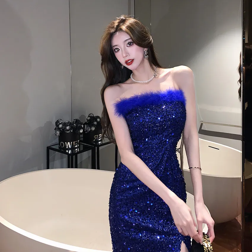 HDStore Birthday dress sexy feather sequin bandeau dress female