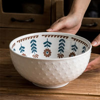 Oversized 1.8L Ceramic Soup Bowls Retro Hand Painted Flower Pattern Relief Porcelain Noodle Ramen Salad Bowl for Kitchen White