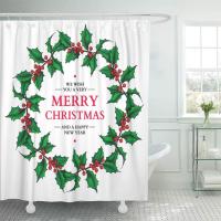 Christmas Shower Curtain Hook Set Winter Festival Happy New Year Bathroom Home Decor Leaf Plant Xmas Wreath Holly Polyester