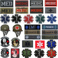 MED PARAMEDIC Glow In Dark Patch Star of Life สะท้อนแสง IR อินฟราเรด Hook แพทช์เย็บปักถักร้อยสติกเกอร์เสื้อผ้าสำหรับหมวกเสื้อกั๊กกระเป๋า-Piejt