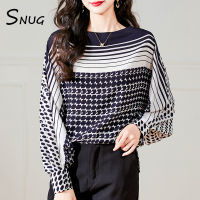 SNUG เสื้อชีฟองแขนยาวพิมพ์ลายคอเสื้อเดียวสำหรับผู้หญิง,เสื้อบางใส่สบาย2023ฤดูใบไม้ผลิและฤดูใบไม้ร่วงแฟชั่นระดับไฮเอนด์