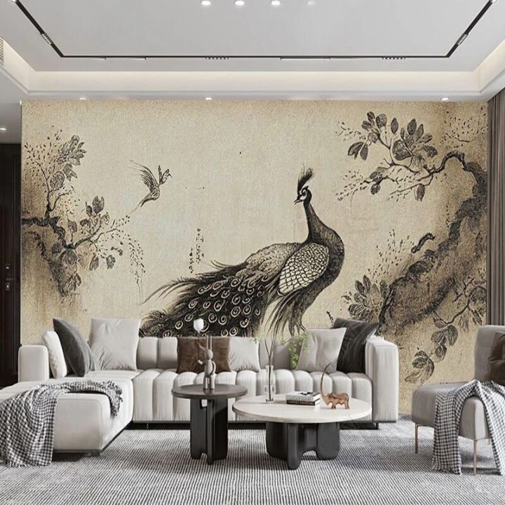 วอลล์เปเปอร์ที่กำหนดเองศิลปะจีนนกยูงหมึกพิมพ์ภาพเฟรสโกห้องนั่งเล่นผนังพื้นหลังทีวีโปสเตอร์-papel-de-ตกแต่งบ้าน