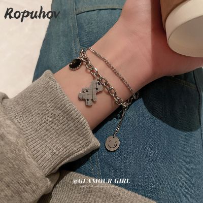Ropuhov Woman Titanium Steel Diamond Studded Bear Smiley Face Chain Multi layer Korean Temperament Cartoon Bracelet