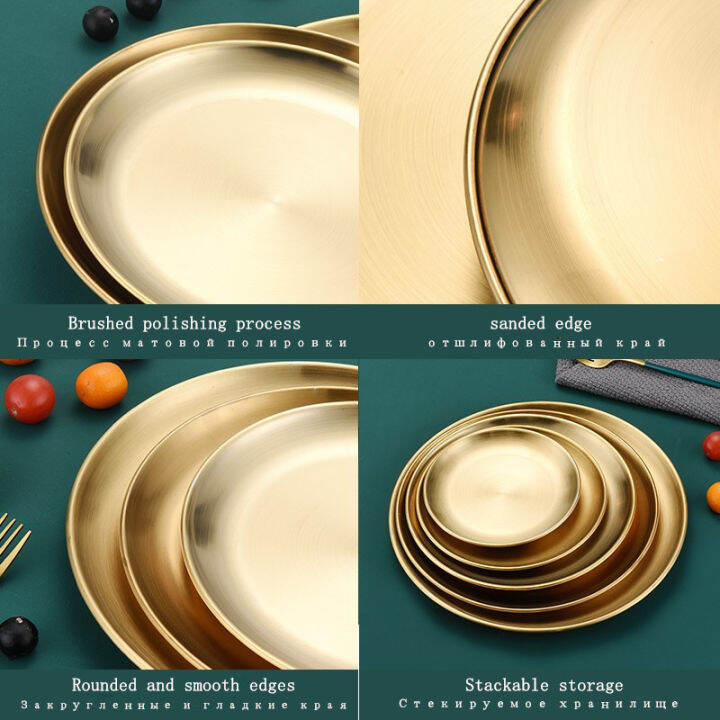 stainless-steel-dinner-plates-restaurant-gold-serving-tray-round-dessert-cake-snack-dishes-silver-storage-plate-korean-cutlery