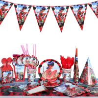 【JIU YU】ஐ◙❖  Talheres descartáveis para decoração de festa de aniversário copos e placas balões para meninas chuveiro de bebê suprimentos de joaninha vermelho