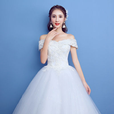 ชุดแต่งงานแบบใหม่ไหล่เดียวสไตล์เกาหลีสลิมไซส์ใหญ่ชุดเจ้าสาวชุดแต่งงานกระโปรงพอง H07