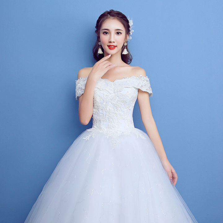 ชุดแต่งงานแบบใหม่ไหล่เดียวสไตล์เกาหลีสลิมไซส์ใหญ่ชุดเจ้าสาวชุดแต่งงานกระโปรงพอง-h07
