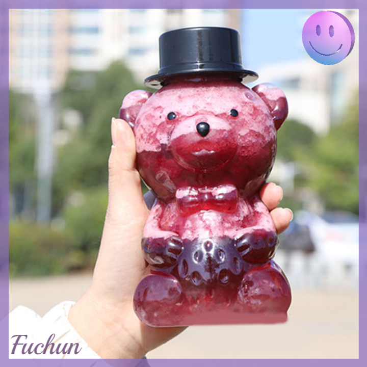 fuchun-ขวดการดื่มเครื่องดื่มใสทรงหมี500มล-สำหรับเครื่องดื่มเย็นขวดน้ำผลไม้ชานมชานมขวดมีหลอดใส่น้ำผึ้ง