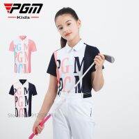 PGM Summer Girls Fashion Letter Printed Golf T-shirts Kids Short Sleeve Shirt Quick-dry Polo Tops Patchwork Casual Clothes